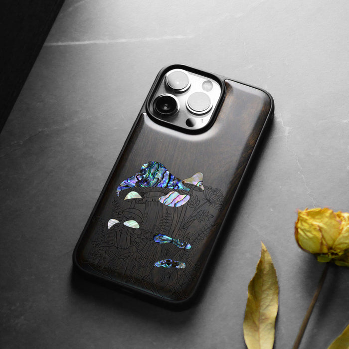 The Enchanting World of Mushrooms and Wildflowers, Hand-Inlaid Wood & Mother of Pearl Case - Artisanal Cover for Apple iPhone