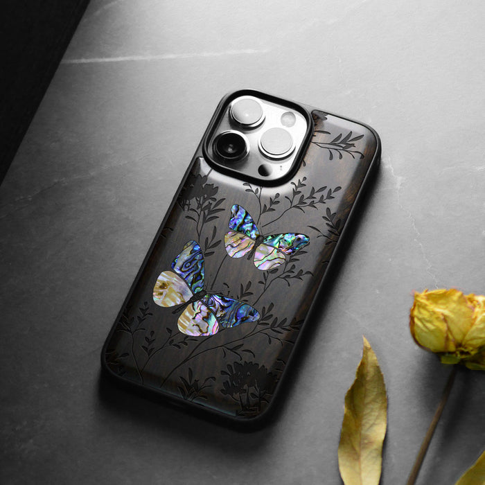 A Dance of Nature, Hand-Inlaid Wood & Mother of Pearl Case - Artisanal Cover for Apple iPhone