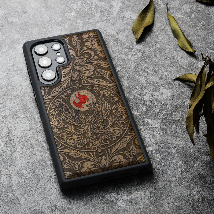 Phoenix in Symmetry, Hand-Inlaid Wood & Mother of Pearl Case - Artisanal Cover for Samsung Galaxy