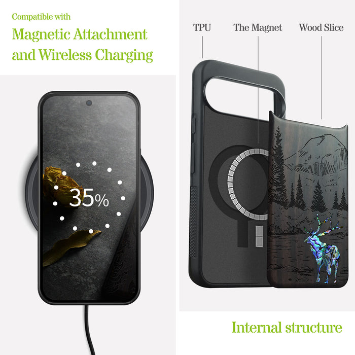 An Enthralling Natural Landscape Illustration, Hand-Inlaid Wood & Mother of Pearl Case - Artisanal Cover for Google Pixel