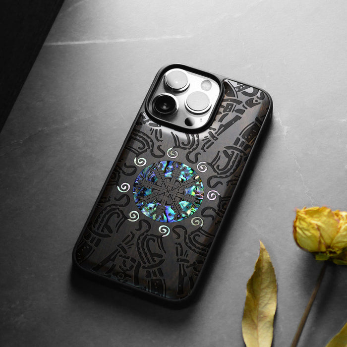 Shield of the Ancients, Hand-Inlaid Wood & Mother of Pearl Case - Artisanal Cover for Apple iPhone