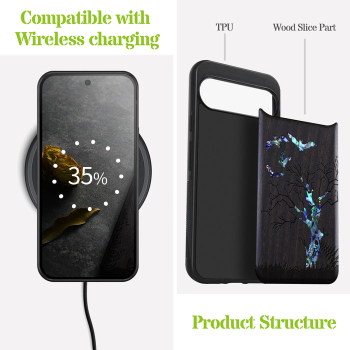 Gothic Night, Hand-Inlaid Wood & Mother of Pearl Case - Artisanal Cover for Google Pixel
