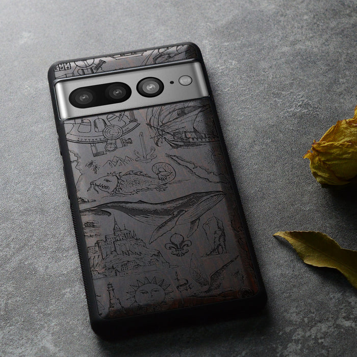 A Voyage of Vintage Visions, Classic Engraved Wood & TPU Case - Artisanal Cover for Google Pixel