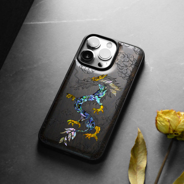 The Dragon's Ascen, Hand-Inlaid Wood & Mother of Pearl Case - Artisanal Cover for Apple iPhone