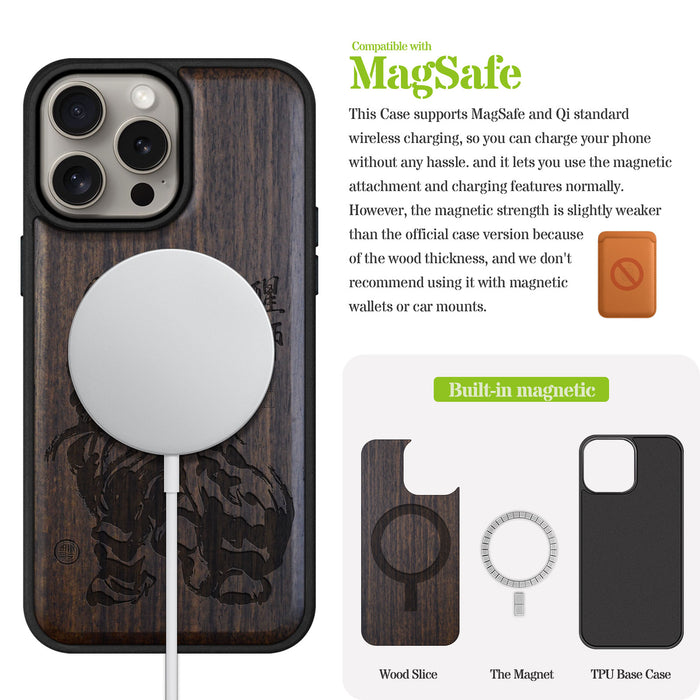 Lunar Lion, Classic Engraved Wood & TPU Case - Artisanal Cover for Apple iPhone