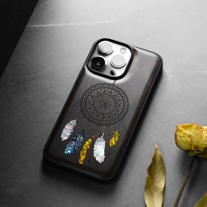 Dreamcatcher's Embrace, Hand-Inlaid Wood & Mother of Pearl Case - Artisanal Cover for Apple iPhone