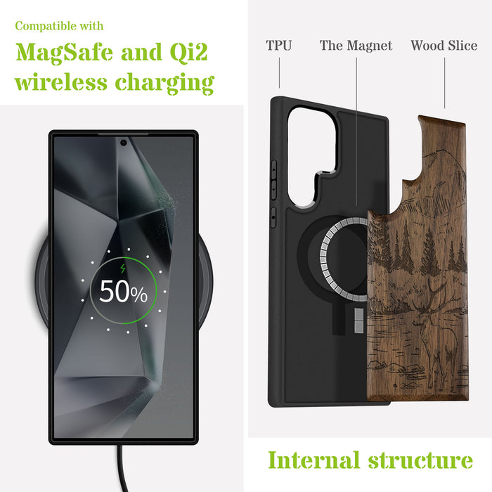 An Enthralling Natural Landscape Illustration, Classic Engraved Wood & TPU Case - Artisanal Cover for Samsung Galaxy