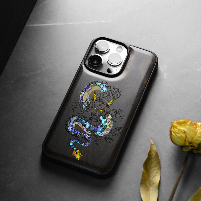 The Oriental Dragon, Hand-Inlaid Wood & Mother of Pearl Case - Artisanal Cover for Apple iPhone