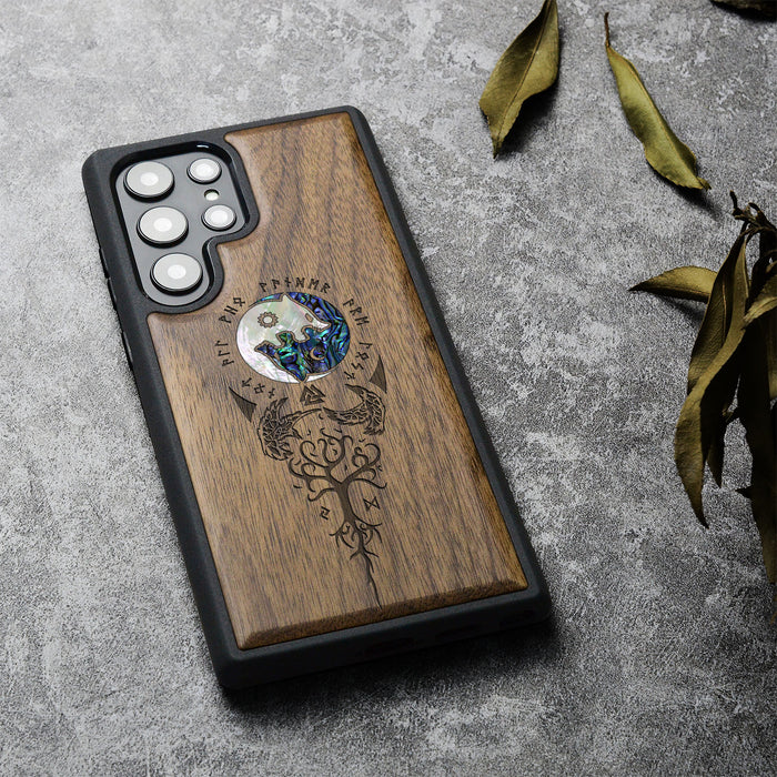 Vegvísir, Ravens, and Yggdrasil, Hand-Inlaid Wood & Mother of Pearl Case - Artisanal Cover for Samsung Galaxy