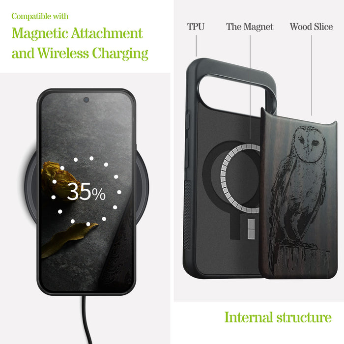 The Majestic Barn Owl, Classic Engraved Wood & TPU Case - Artisanal Cover for Google Pixel