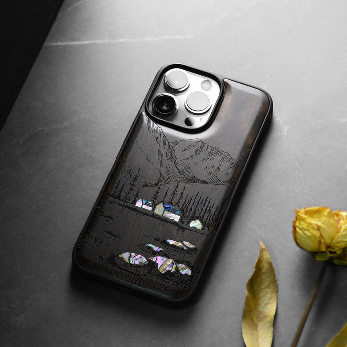 Mountains, Lake, and Village Life, Hand-Inlaid Wood & Mother of Pearl Case - Artisanal Cover for Apple iPhone