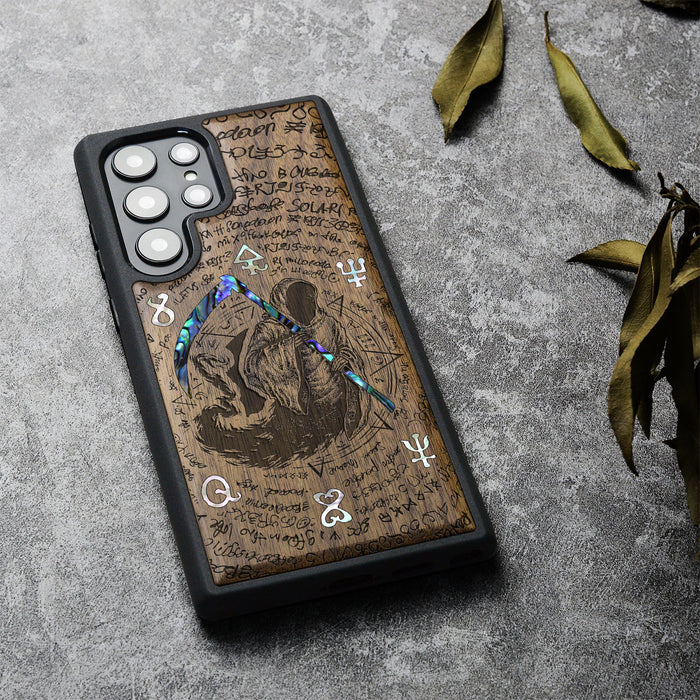 The Reaper's Scythe, Hand-Inlaid Wood & Mother of Pearl Case - Artisanal Cover for Samsung Galaxy