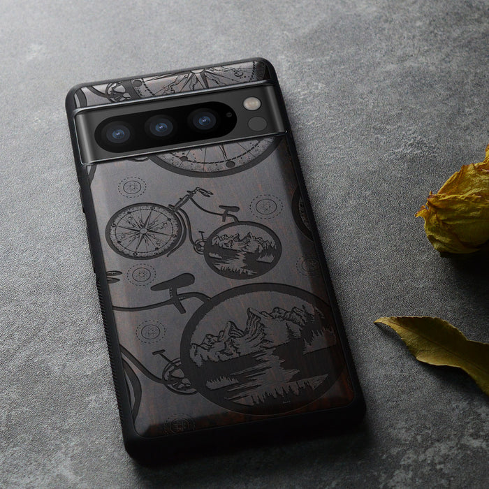 Bicycle Adventure, Classic Engraved Wood & TPU Case - Artisanal Cover for Google Pixel
