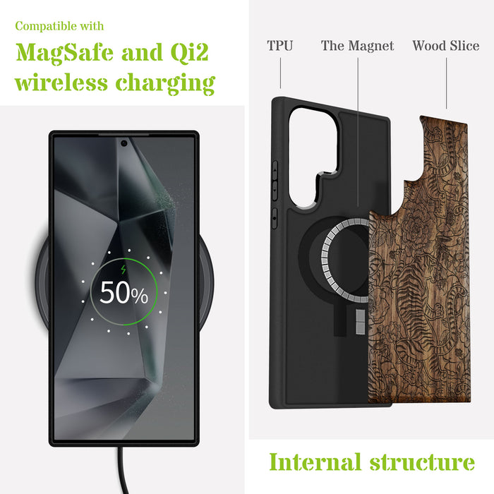 A Tiger Amidst Flowers and Vines, Classic Engraved Wood & TPU Case - Artisanal Cover for Samsung Galaxy