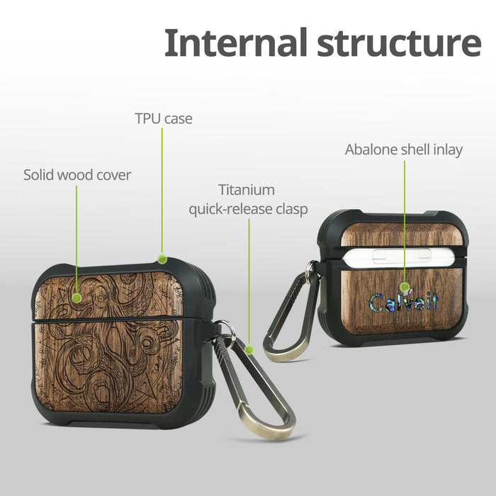 Celestial Cephalopod - Wood Artisan Engraved & Shell Hand-Inlaid Cover - Artisanal Case for Apple AirPods (Titanium Quick Released Clasp)