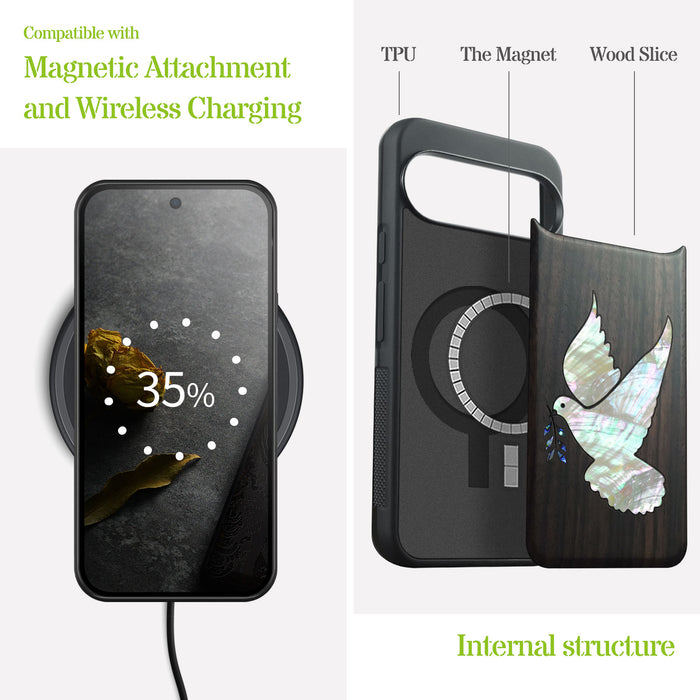The Dove with Olive Branch, Hand-Inlaid Wood & Mother of Pearl Case - Artisanal Cover for Google Pixel