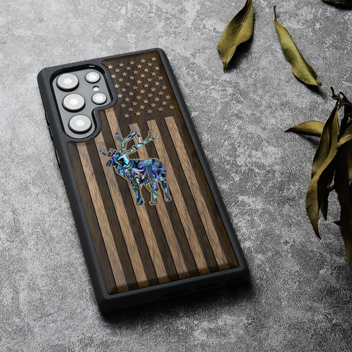 American Flag, Deer, Hand-Inlaid Wood & Mother of Pearl Case - Artisanal Cover for Samsung Galaxy