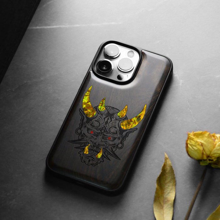 Fierce Elegance, Hand-Inlaid Wood & Mother of Pearl Case - Artisanal Cover for Apple iPhone