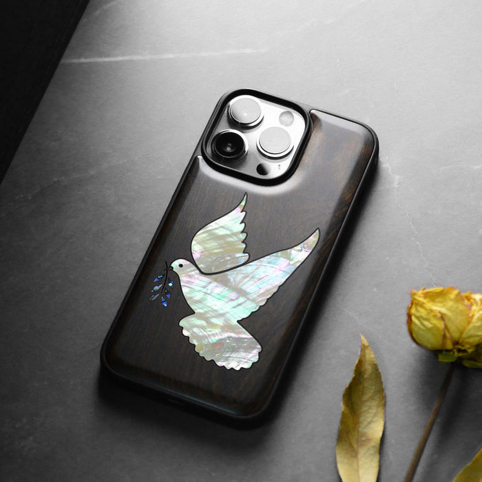 The Dove with Olive Branch, Hand-Inlaid Wood & Mother of Pearl Case - Artisanal Cover for Apple iPhone