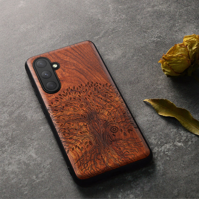 The Line Art Tree of Life, Classic Engraved Wood & TPU Case - Artisanal Cover for Samsung Galaxy