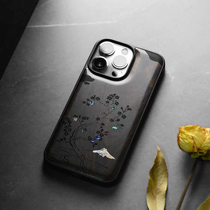 Cherry Blossom, Hand-Inlaid Wood & Mother of Pearl Case - Artisanal Cover for Apple iPhone