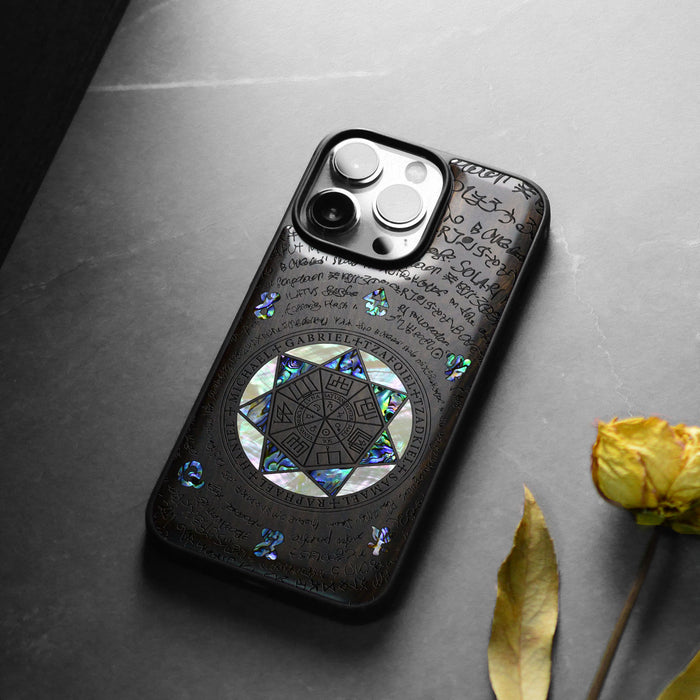 The Sacred Seals, Hand-Inlaid Wood & Mother of Pearl Case - Artisanal Cover for Apple iPhone