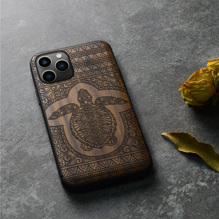 The Enigmatic Turtle of Timeless Patterns, Classic Engraved Wood & TPU Case - Artisanal Cover for Apple iPhone