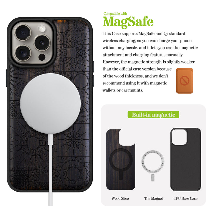 The Spirograph Mandala Mosaic, Classic Engraved Wood & TPU Case - Artisanal Cover for Apple iPhone