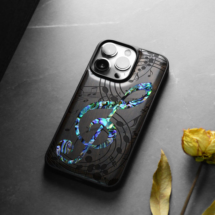 The Grand Clef and Musical Notes, Hand-Inlaid Wood & Mother of Pearl Case - Artisanal Cover for Apple iPhone