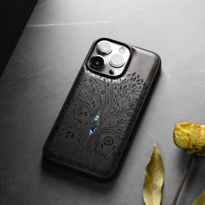 The Line Art Tree of Life, Hand-Inlaid Wood & Mother of Pearl Case - Artisanal Cover for Apple iPhone