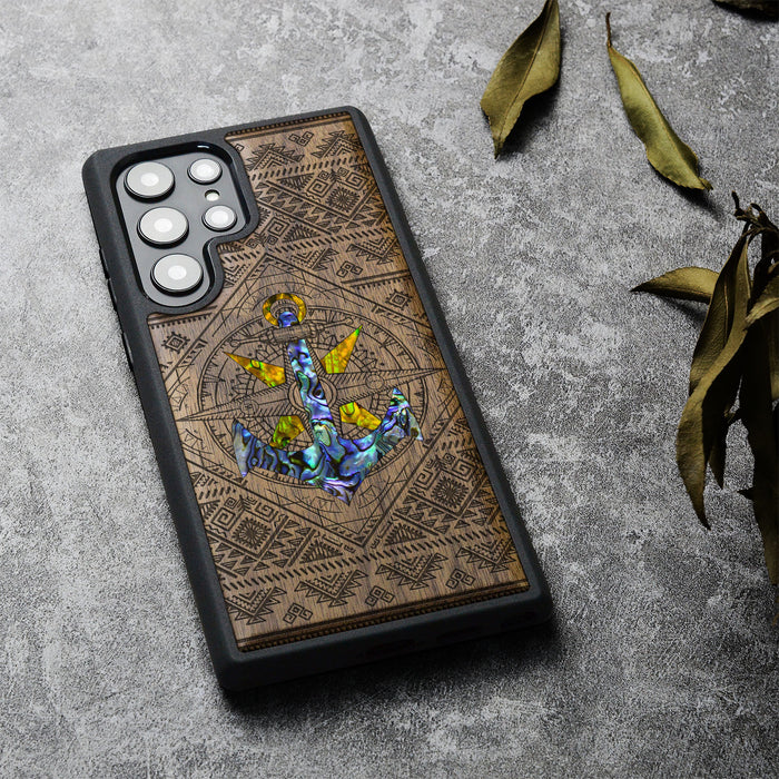 Voyage Intrigue, Hand-Inlaid Wood & Mother of Pearl Case - Artisanal Cover for Samsung Galaxy