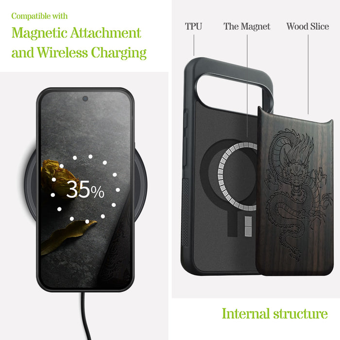 Oriental Dragon, Classic Engraved Wood & TPU Case - Artisanal Cover for Google Pixel
