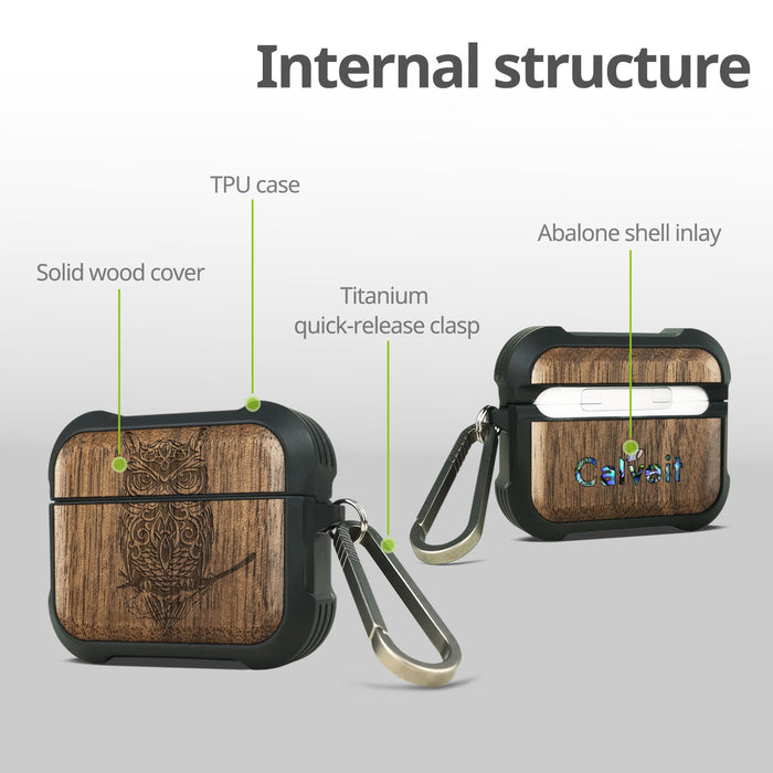 An Owl Perched on a Branch - Wood Artisan Engraved & Shell Hand-Inlaid Cover - Artisanal Case for Apple AirPods (Titanium Quick Released Clasp)