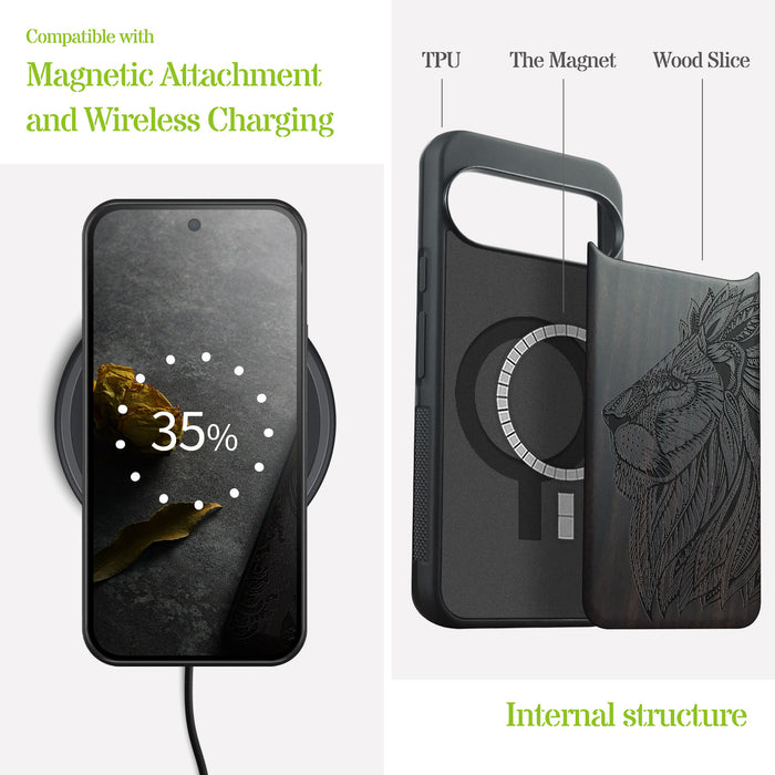 Lion Majesty, Classic Engraved Wood & TPU Case - Artisanal Cover for Google Pixel