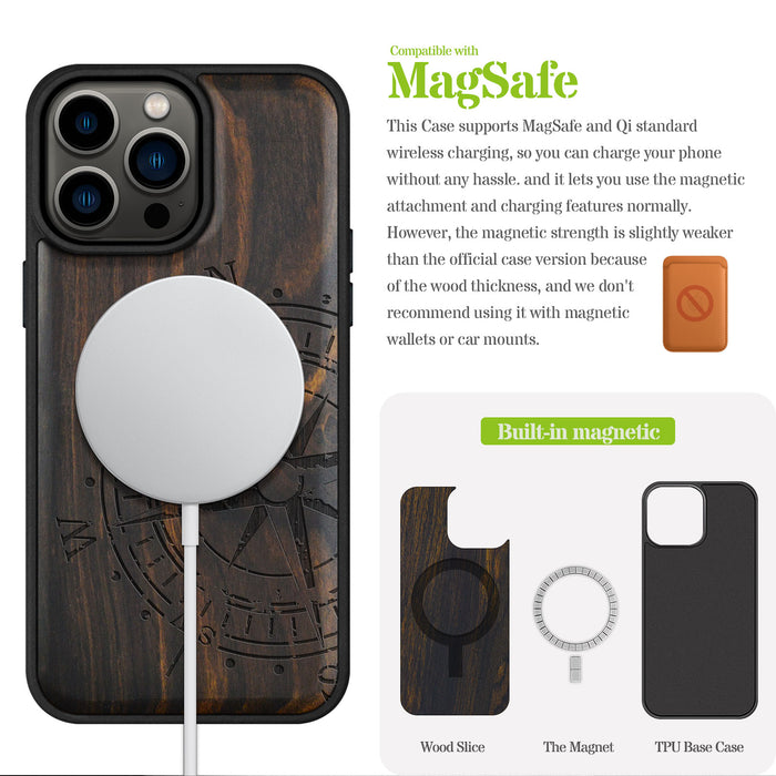 The Incomplete Compass, Classic Engraved Wood & TPU Case - Artisanal Cover for Apple iPhone