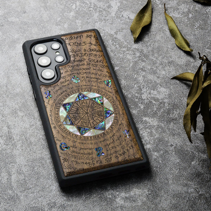The Sacred Seals, Hand-Inlaid Wood & Mother of Pearl Case - Artisanal Cover for Samsung Galaxy