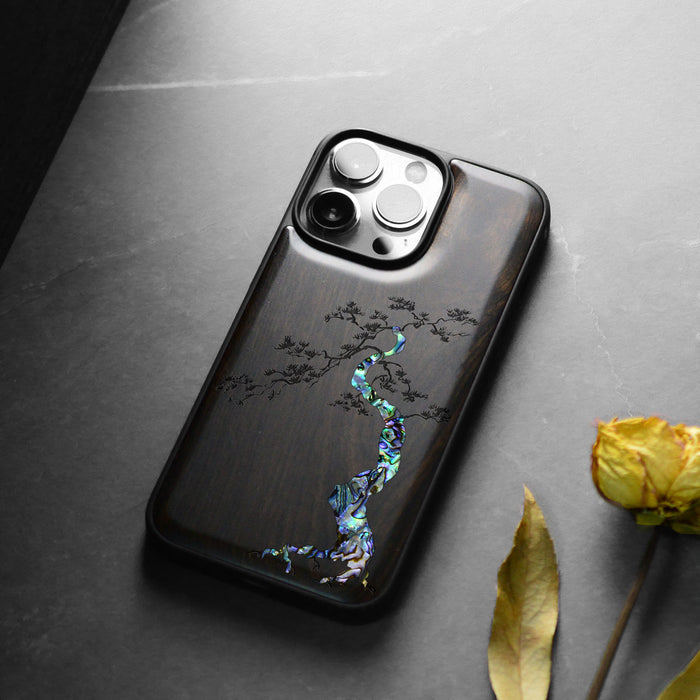 The Majestic Pine Tree, Hand-Inlaid Wood & Mother of Pearl Case - Artisanal Cover for Apple iPhone