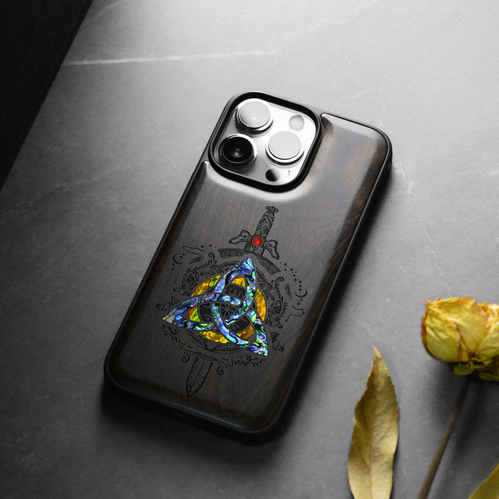 Norse Emblems, Hand-Inlaid Wood & Mother of Pearl Case - Artisanal Cover for Apple iPhone