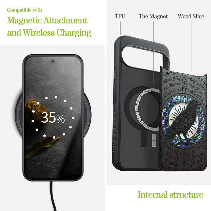 The Haloed Crow, Hand-Inlaid Wood & Mother of Pearl Case - Artisanal Cover for Google Pixel