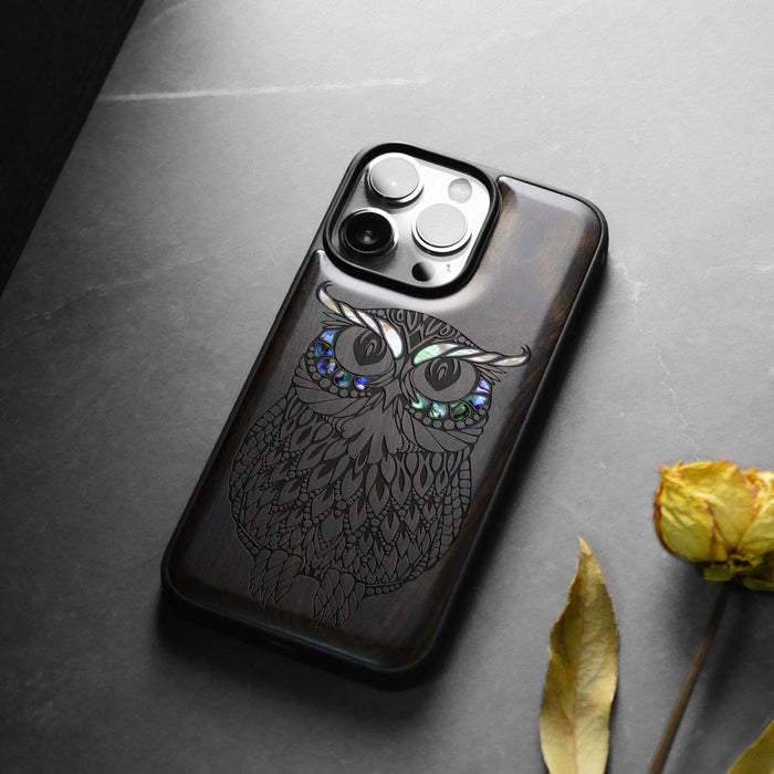 The Owl Mandala, Hand-Inlaid Wood & Mother of Pearl Case - Artisanal Cover for Apple iPhone