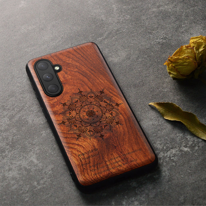 Mandala Flower Design, Classic Engraved Wood & TPU Case - Artisanal Cover for Samsung Galaxy