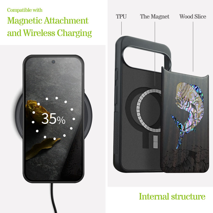 The Majestic Mahi-Mahi, Hand-Inlaid Wood & Mother of Pearl Case - Artisanal Cover for Google Pixel