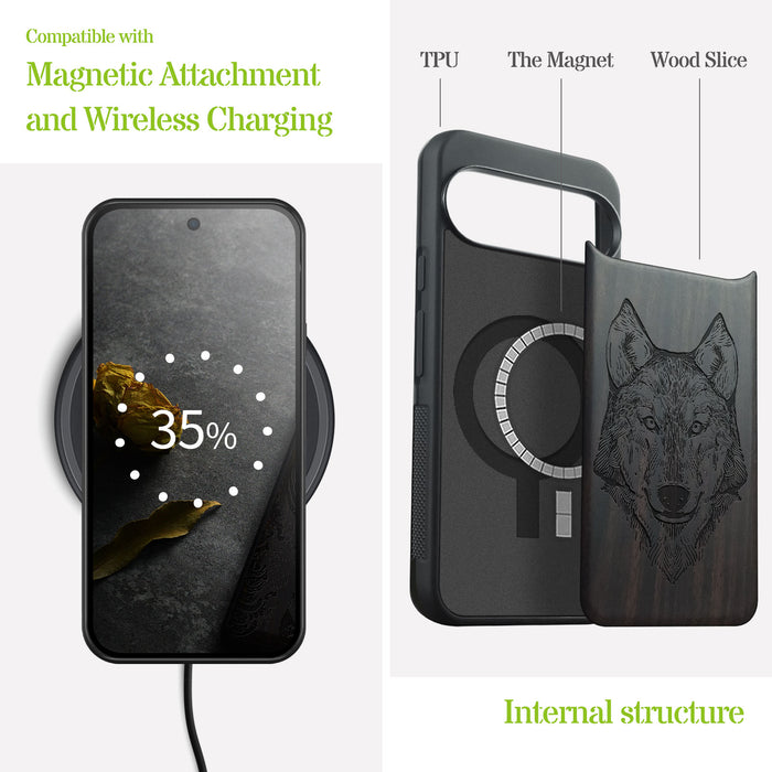Realistic Wolf Linework Art, Classic Engraved Wood & TPU Case - Artisanal Cover for Google Pixel