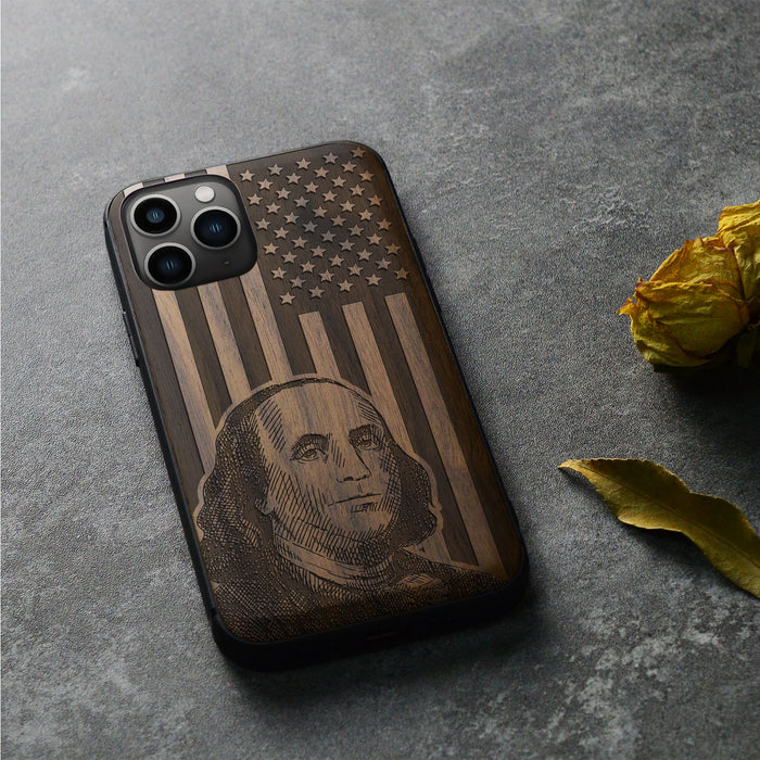 Benjamin Franklin's Portrait Amidst the Stars and Stripes, Classic Engraved Wood & TPU Case - Artisanal Cover for Apple iPhone