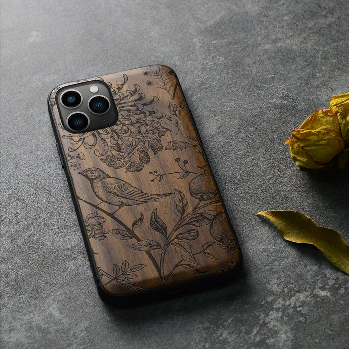 The Chrysanthemum and the Songbird, Classic Engraved Wood & TPU Case - Artisanal Cover for Apple iPhone