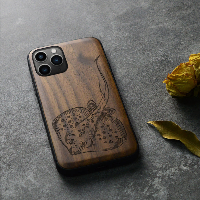 Stingray in Scratch Board Artistry, Classic Engraved Wood & TPU Case - Artisanal Cover for Apple iPhone