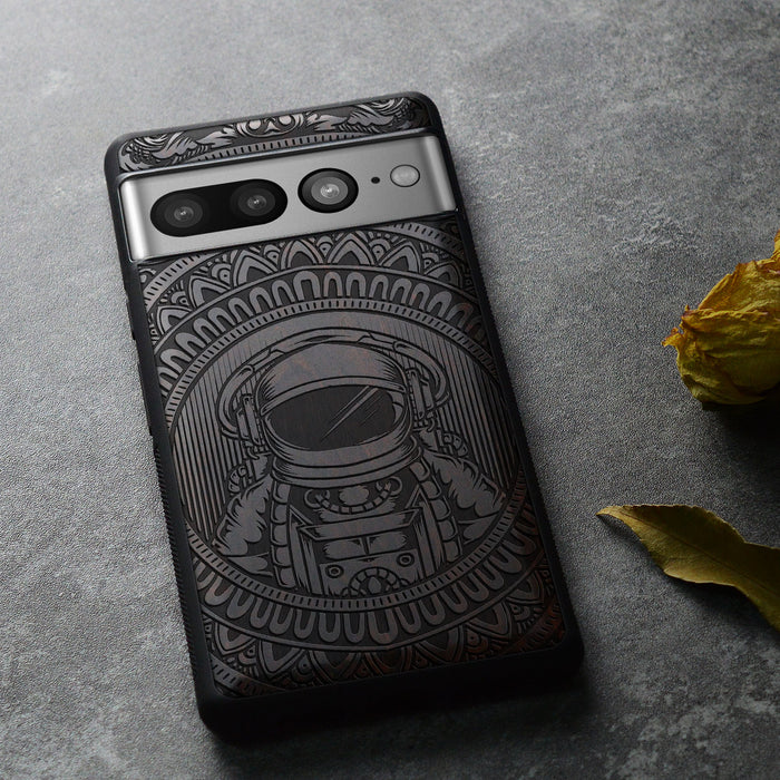 Astronaut in Mandalic Embrace, Classic Engraved Wood & TPU Case - Artisanal Cover for Google Pixel