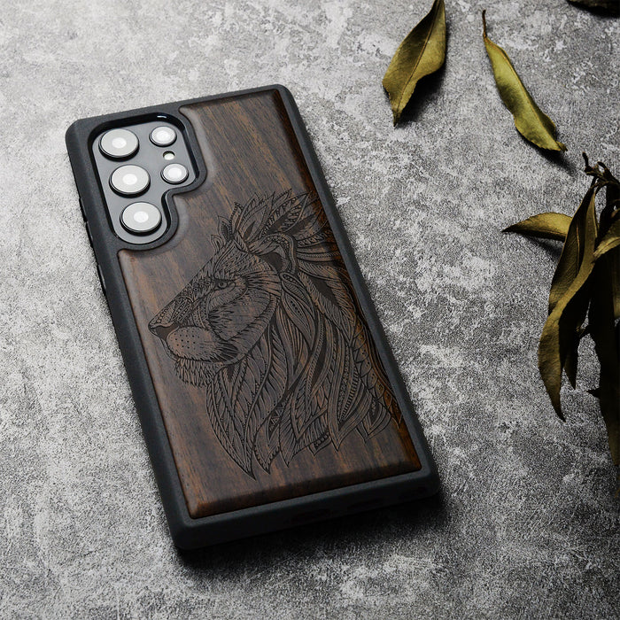 The Ornate Lion's Head, Classic Engraved Wood & TPU Case - Artisanal Cover for Samsung Galaxy