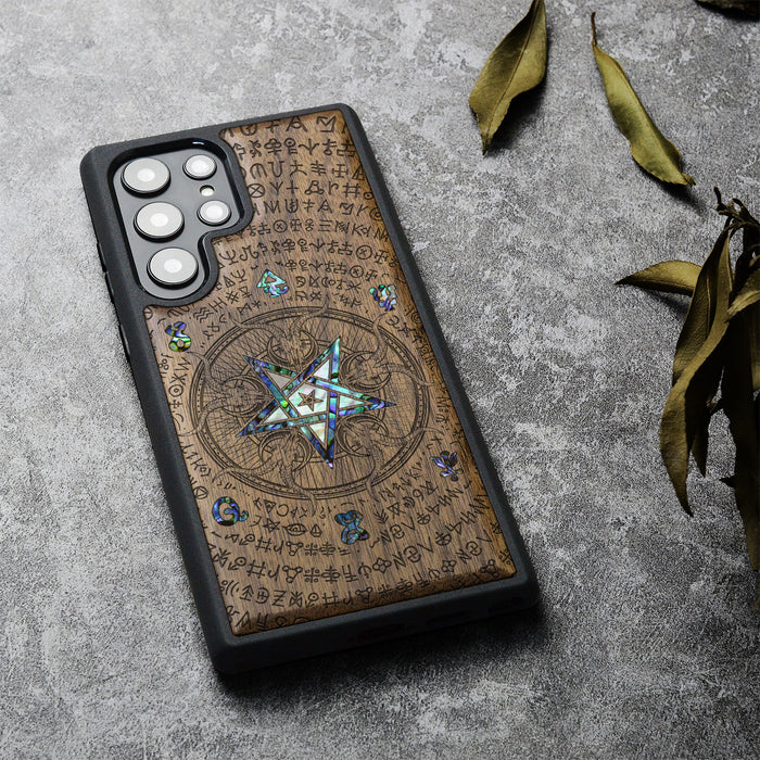 Whisper of the Abyss, Hand-Inlaid Wood & Mother of Pearl Case - Artisanal Cover for Samsung Galaxy