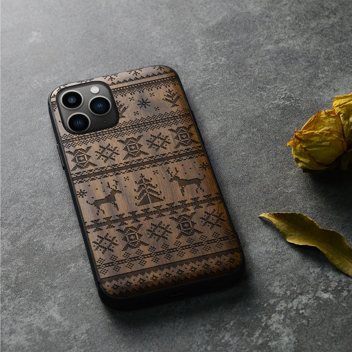 Deer, Snowflake, and Tree, Classic Engraved Wood & TPU Case - Artisanal Cover for Apple iPhone